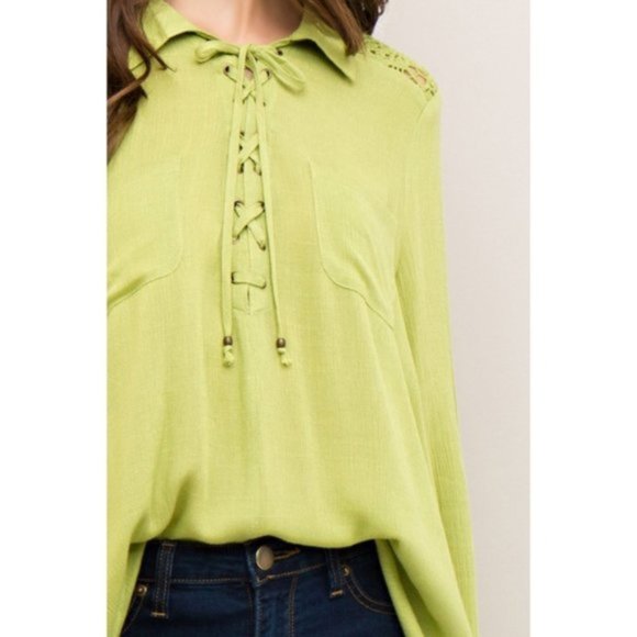 Entro | Vetiver Lace Up Crochet Back Top Lime Green New Crinkle Hi Low Medium - Picture 5 of 13